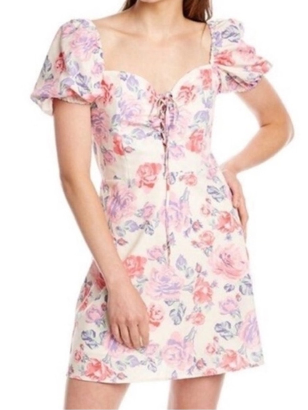 Zara Cream Floral Lace-Up Mini Dress with Pink & Lavender Roses